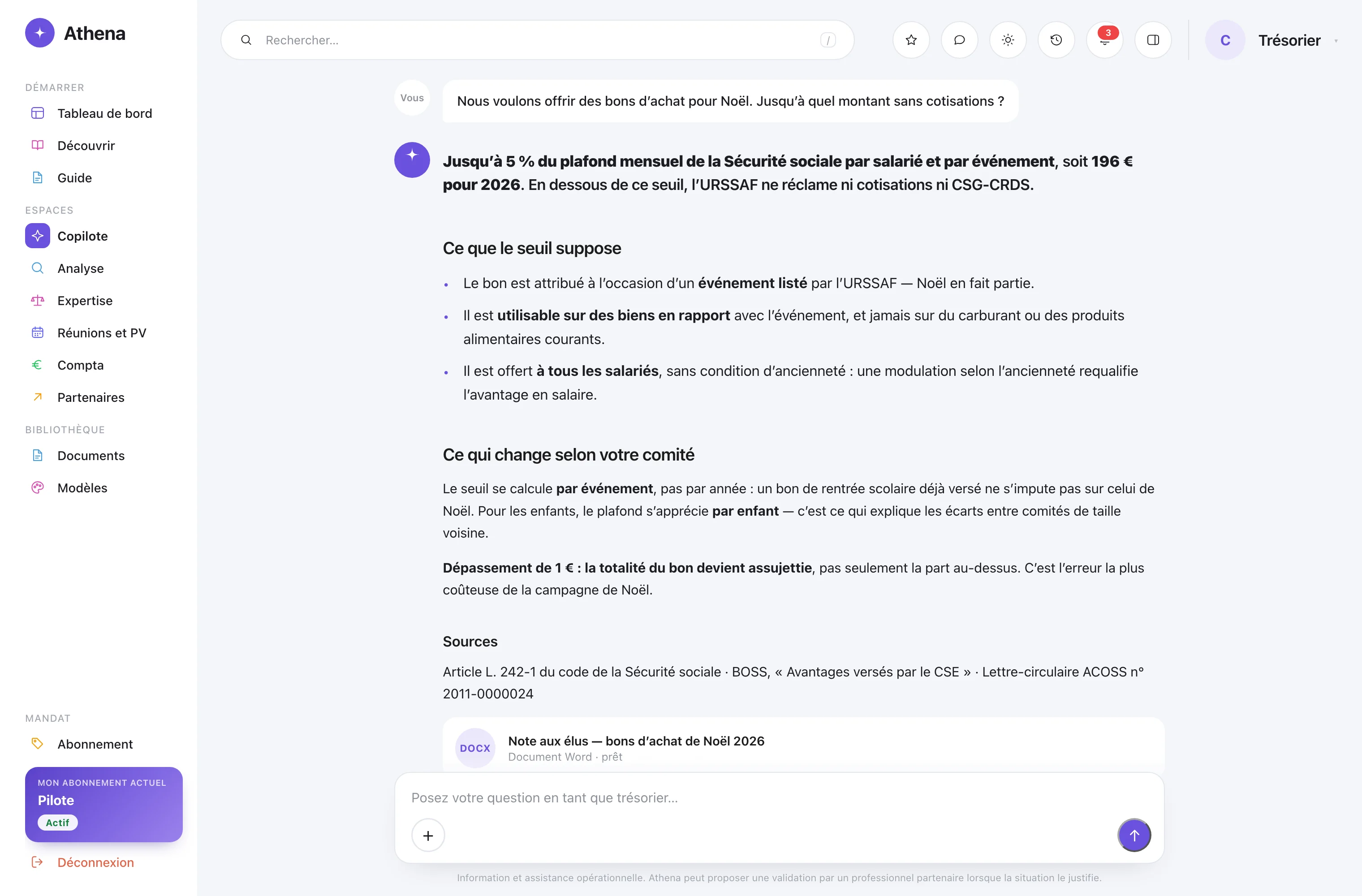 Le copilote d’Athena : une question sur le plafond des bons d’achat, une réponse qui donne la règle, ce qu’elle suppose, ce qui change selon le comité, ses sources, et le document préparé dans la foulée.